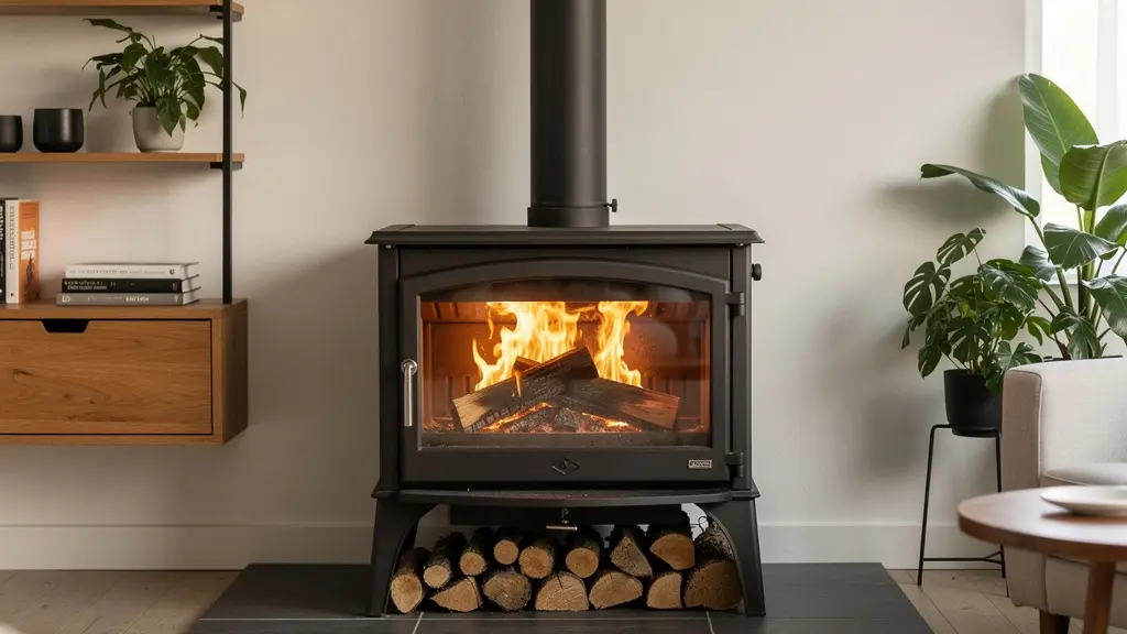 Poêle à bois en fonte massif installé dans un salon moderne avec chambre de combustion visible