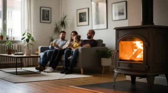 Salon chaleureux avec poêle à bois en fonctionnement diffusant une chaleur douce