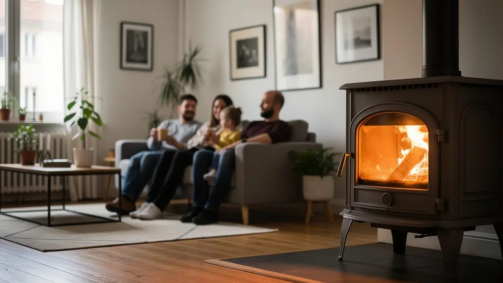 Salon chaleureux avec poêle à bois en fonctionnement diffusant une chaleur douce