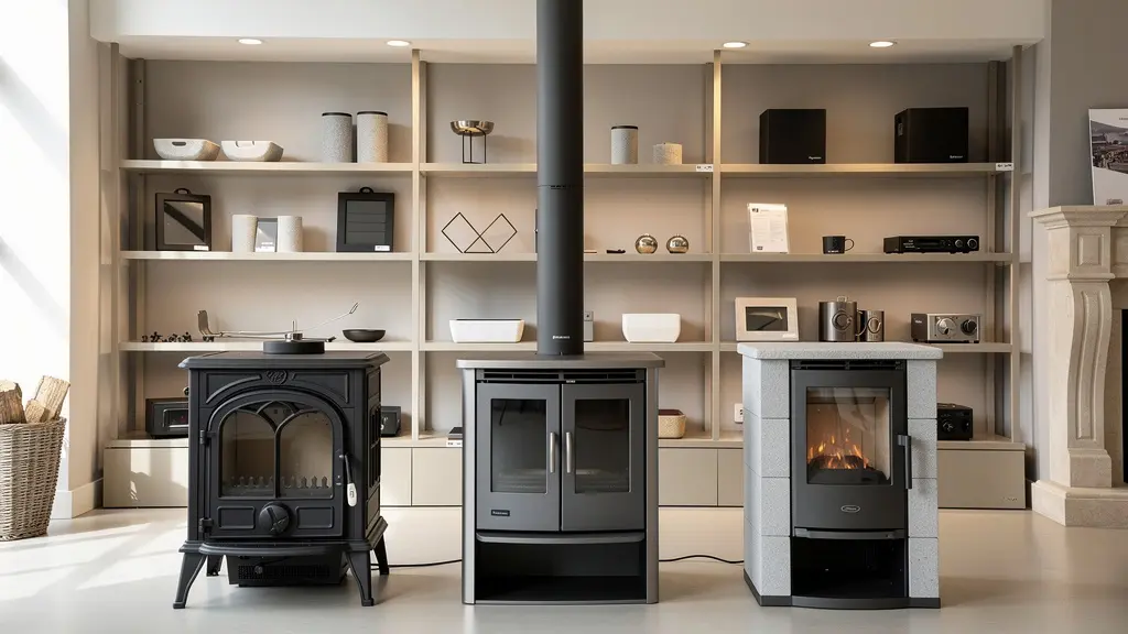 Showroom présentant trois types de poêles à bois côte à côte fonte acier accumulation