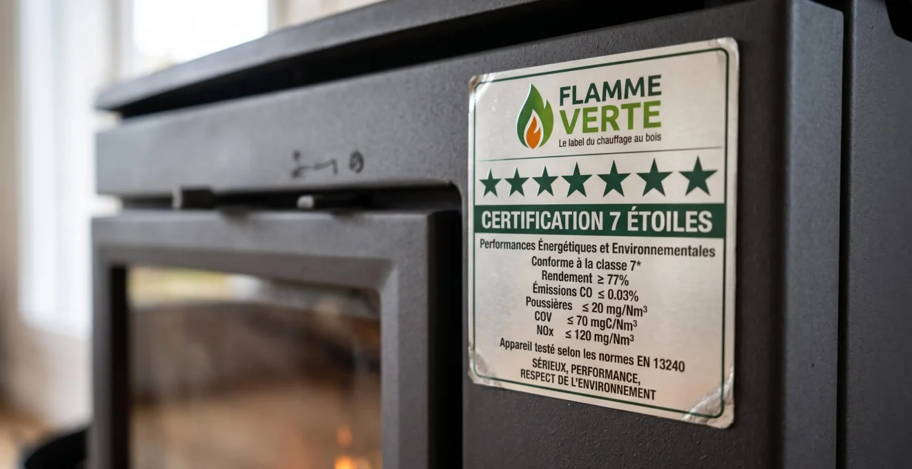 Gros plan sur plaque label Flamme Verte 7 étoiles apposée sur un poêle moderne, texte français lisible, certification officielle