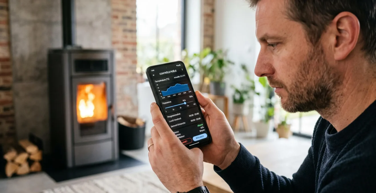Main tenant smartphone affichant interface application pilotage poêle à granulés en français, poêle moderne en fonctionnement visible en arrière-plan, salon lumineux