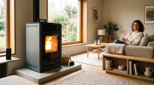 Poêle à granulés contemporain en fonctionnement dans un salon moderne lumineux, flamme visible, mobilier actuel, décor chaleureux tons neutres